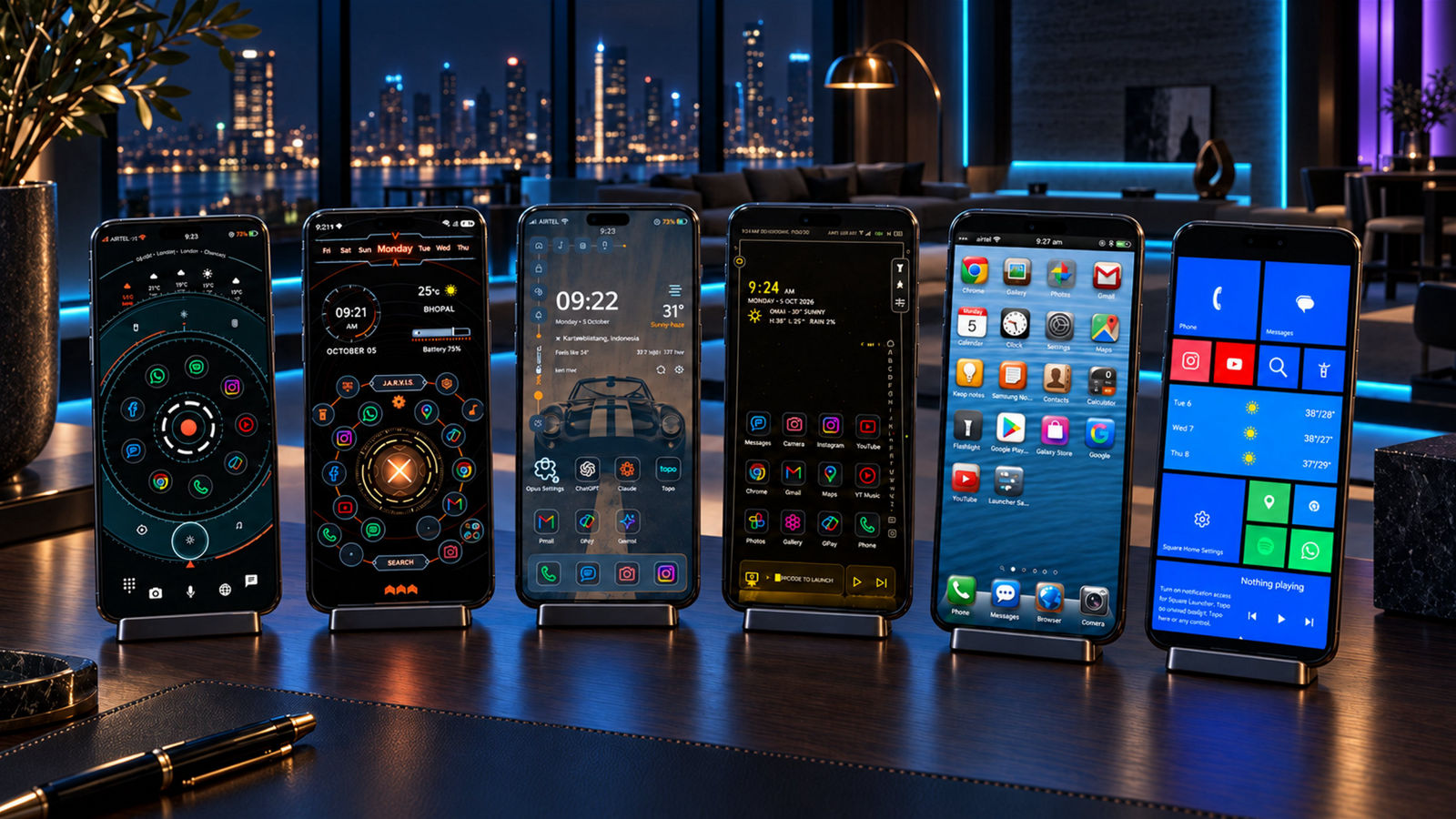 Orbit, Jarvis, Opus, Bureau, Y2K and Square launchers on six phones
